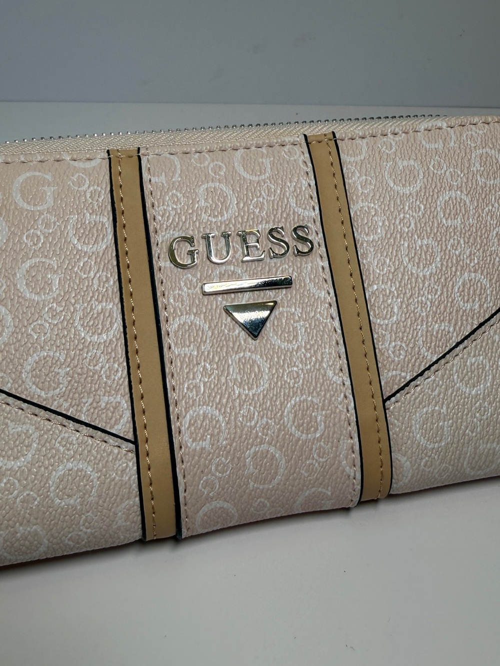 GUESS Beige Logo Continental Wallet with Tan Trim